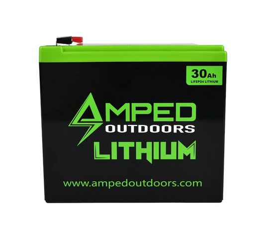 AMPED OUTDOORS 30Ah Lithium Battery (LiFePO4) Wide & 3A Charger