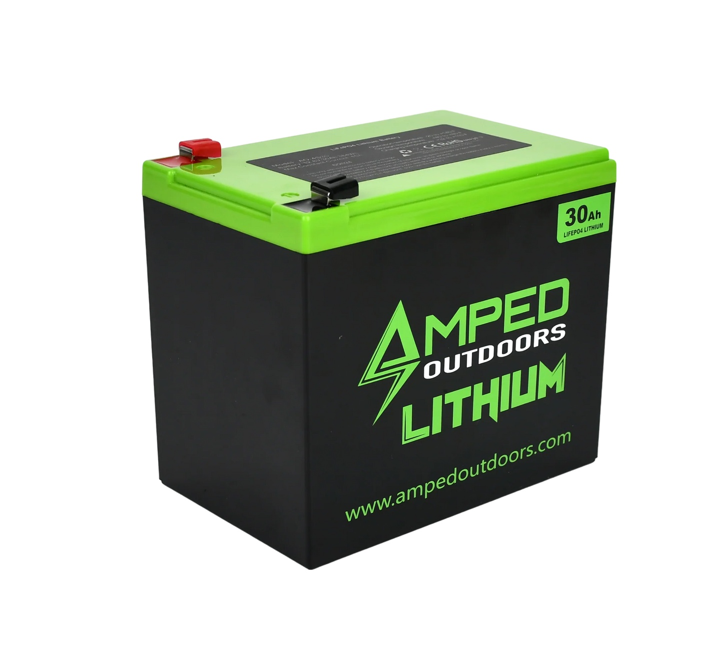 AMPED OUTDOORS 30Ah Lithium Battery (LiFePO4) Wide & 3A Charger