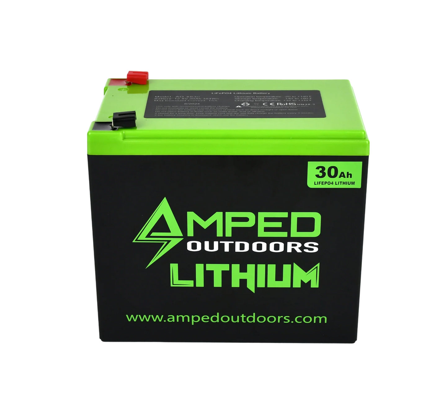 AMPED OUTDOORS 30Ah Lithium Battery (LiFePO4) Wide & 3A Charger