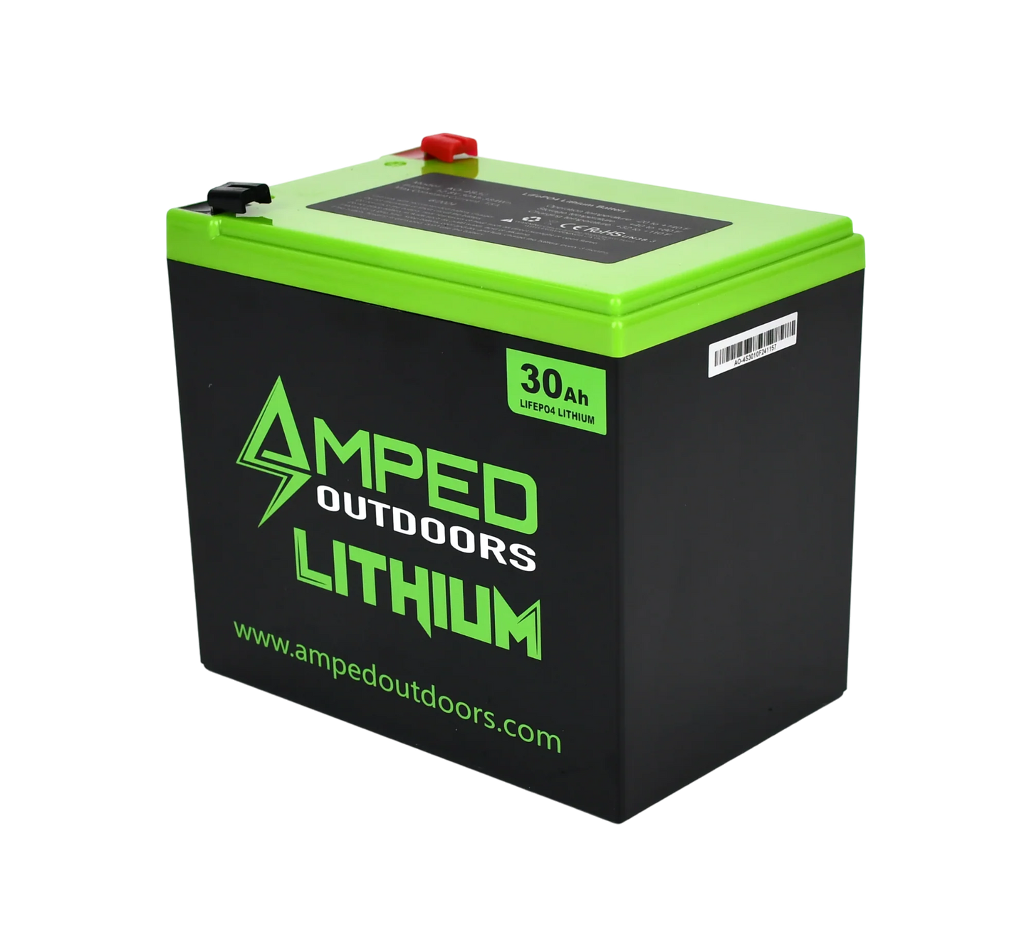 AMPED OUTDOORS 30Ah Lithium Battery (LiFePO4) Wide & 3A Charger