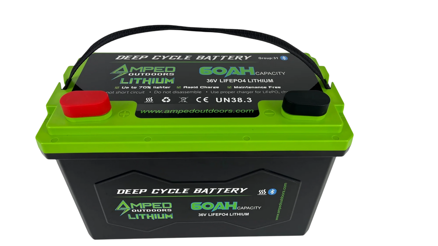 AMPED OUTDOORS 36V 60Ah Trolling Motor Lithium Battery (LiFePO4) - Bluetooth - IP67 Waterproof - Heated