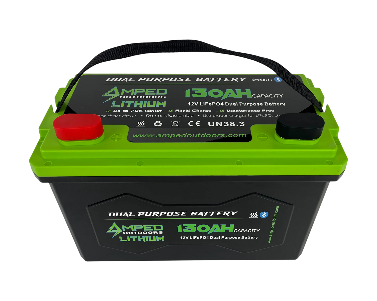 AMPED OUTDOORS 130Ah Dual Purpose Lithium Battery (Cranking) 12.8V - Bluetooth - IP67 Waterproof - Heated
