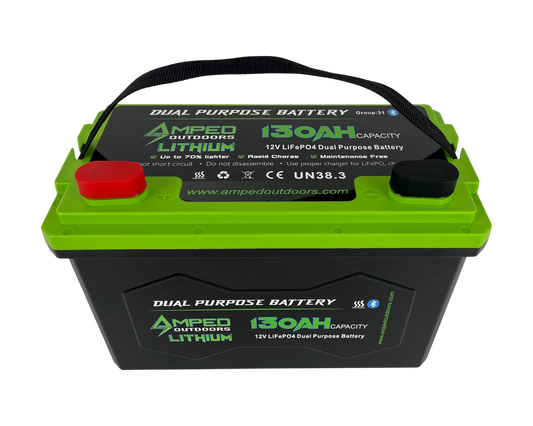 AMPED OUTDOORS 130Ah Dual Purpose Lithium Battery (Cranking) 12.8V - Bluetooth - IP67 Waterproof - Heated