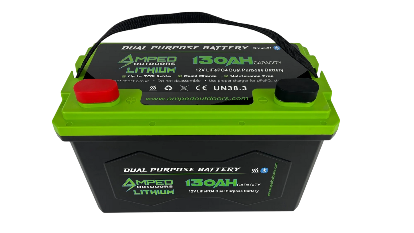 AMPED OUTDOORS 130Ah Dual Purpose Lithium Battery (Cranking) 12.8V - Bluetooth - IP67 Waterproof - Heated