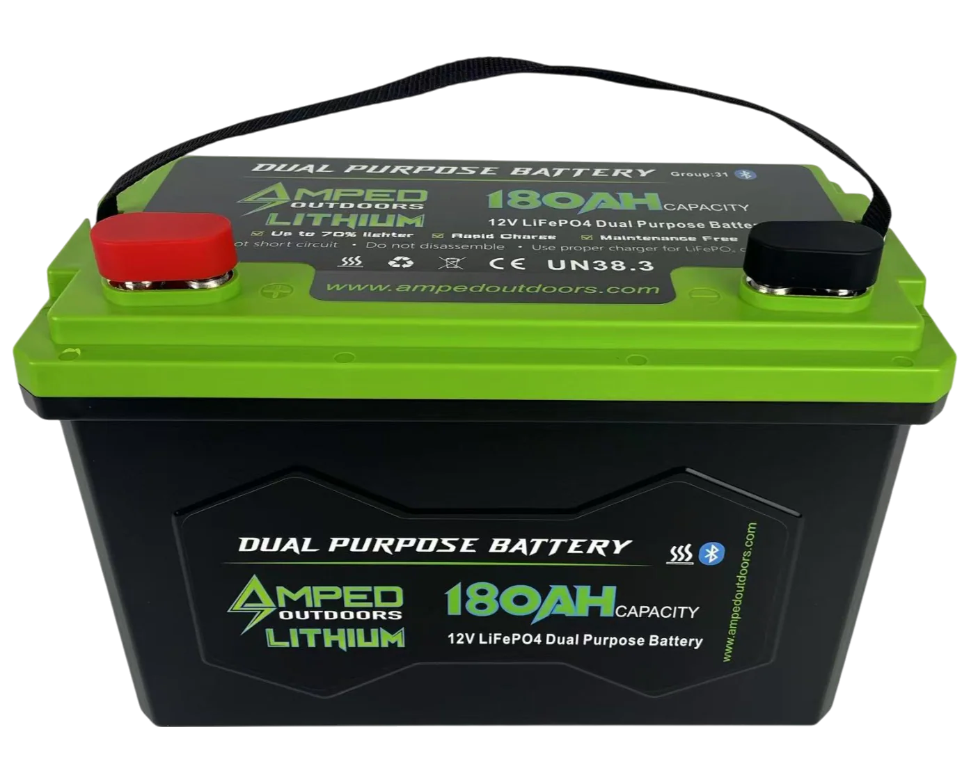 AMPED OUTDOORS 180Ah Dual Purpose Lithium Battery (Cranking) 12.8V - Bluetooth - IP67 Waterproof - Heated