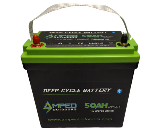 AMPED OUTDOORS 16V 50Ah LiFePO4 Battery - Bluetooth - IP67 Waterproof - On board Charger Included!