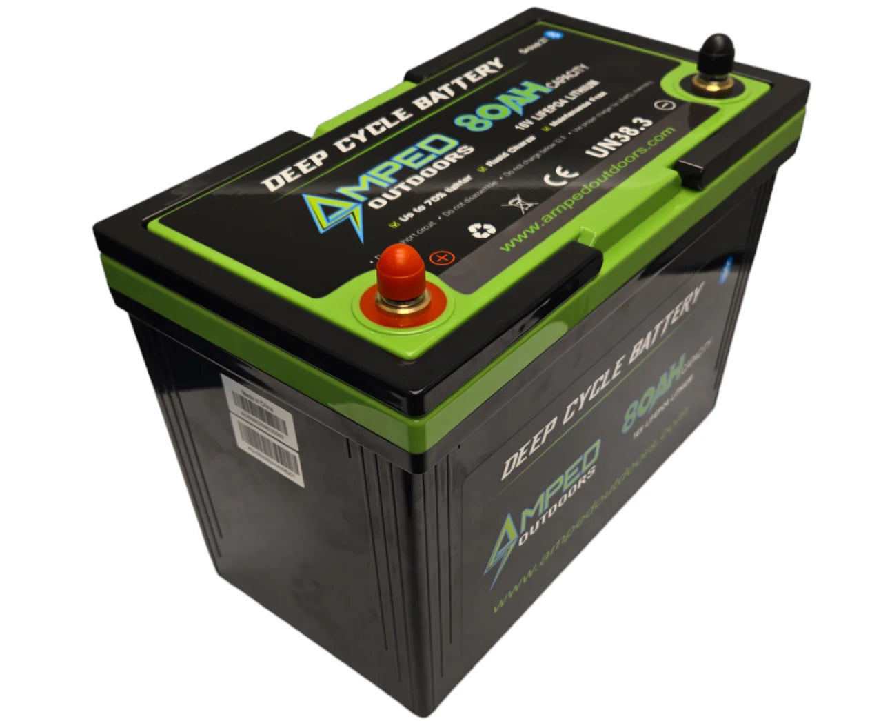 AMPED OUTDOORS 16V 80Ah LiFePO4 Battery - Bluetooth - IP67 Waterproof - On board Charger Included!