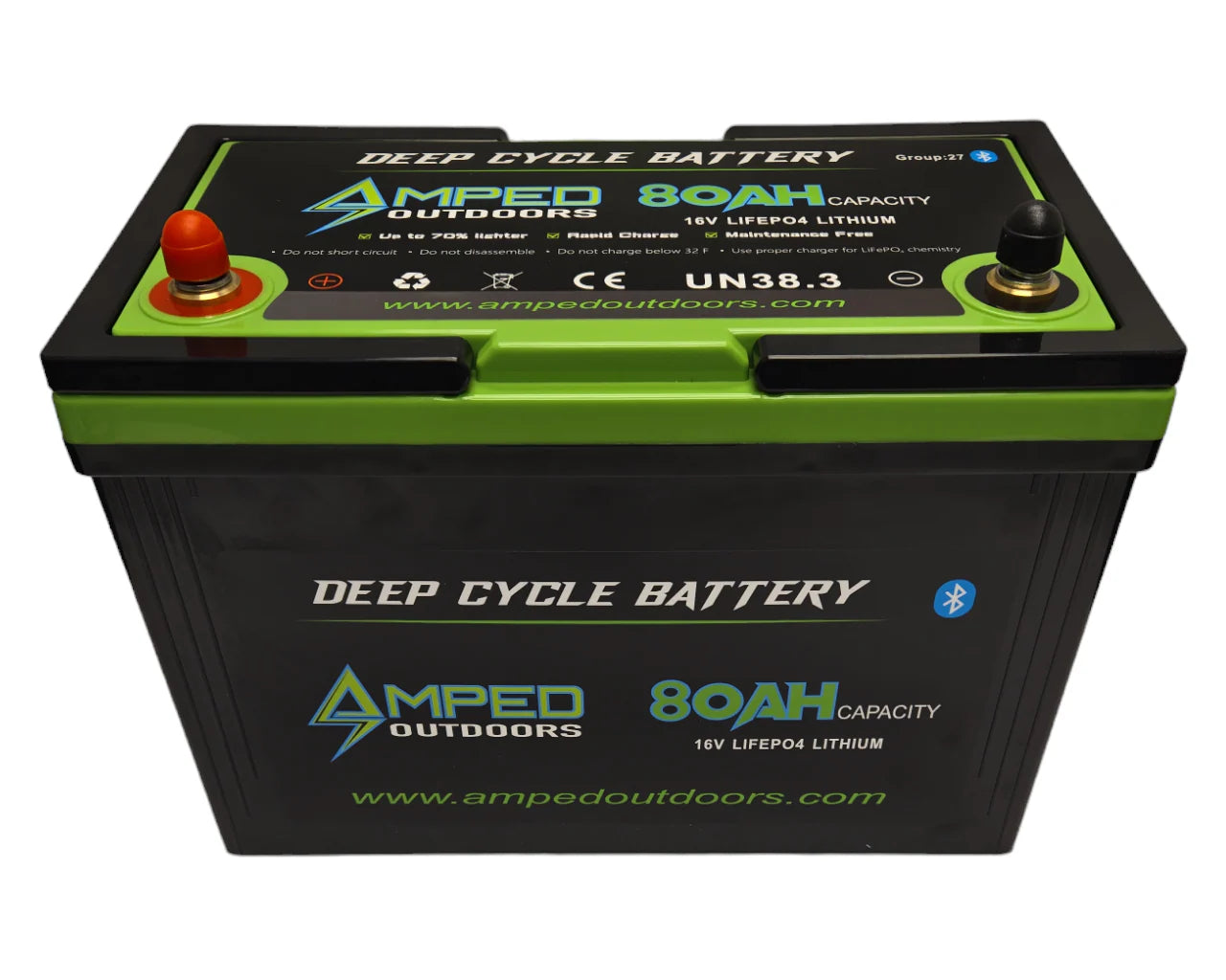 AMPED OUTDOORS 16V 80Ah LiFePO4 Battery - Bluetooth - IP67 Waterproof - On board Charger Included!
