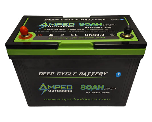 AMPED OUTDOORS 16V 80Ah LiFePO4 Battery - Bluetooth - IP67 Waterproof - On board Charger Included!